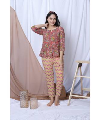 Coral Floral Printed Loungewear Set With Hairband 1