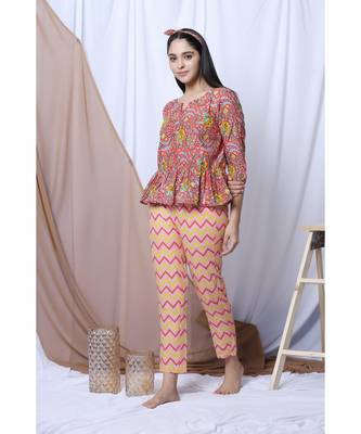 Coral Floral Printed Loungewear Set With Hairband 4