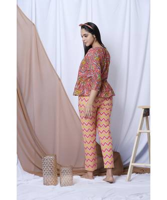 Coral Floral Printed Loungewear Set With Hairband 5
