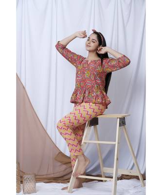 Coral Floral Printed Loungewear Set With Hairband 6