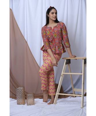 Coral Floral Printed Loungewear Set With Hairband 7