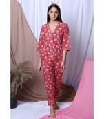 Red Floral Printed Loungewear Set With Hairband
