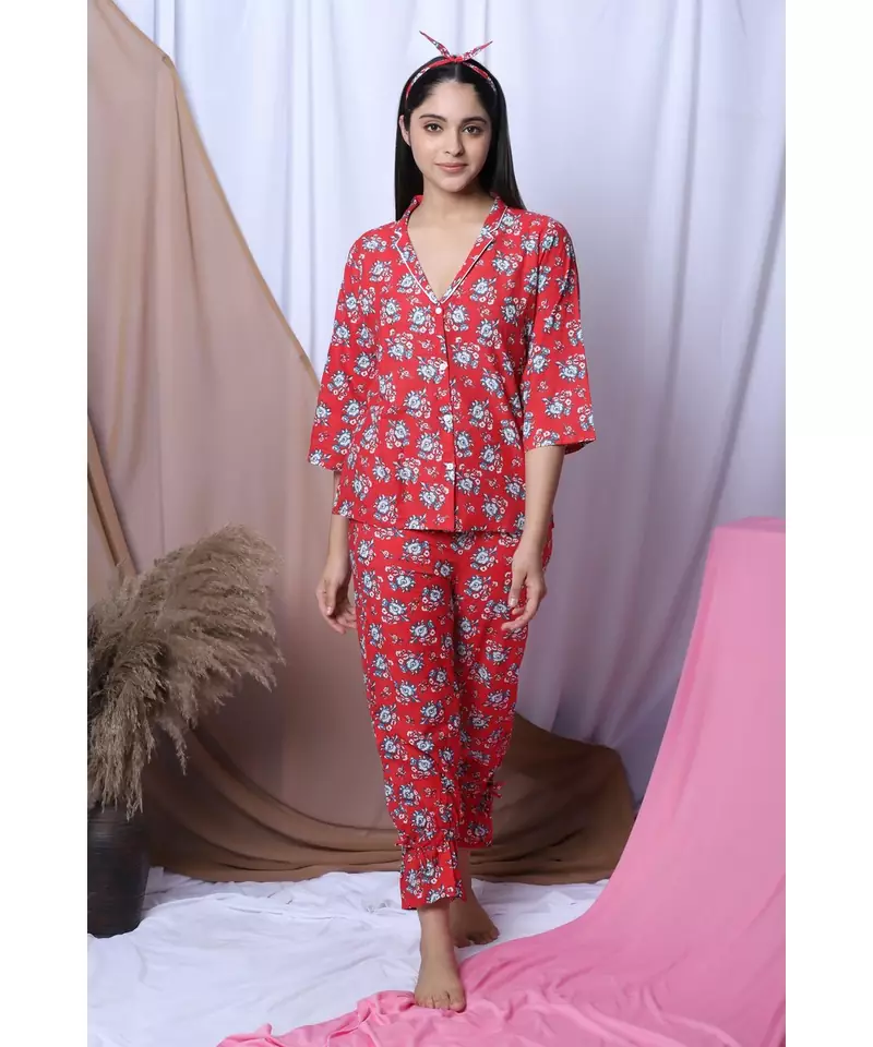RED FLORAL PRINTED LOUNGEWEAR SET WITH HAIRBAND