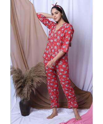 Red Floral Printed Loungewear Set With Hairband 2