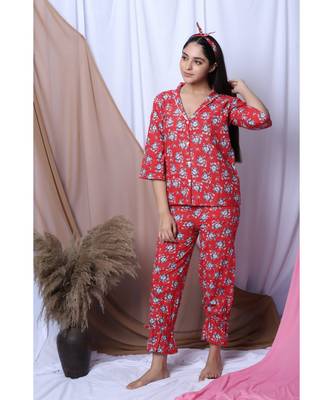 Red Floral Printed Loungewear Set With Hairband 3