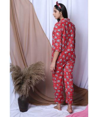 Red Floral Printed Loungewear Set With Hairband 4