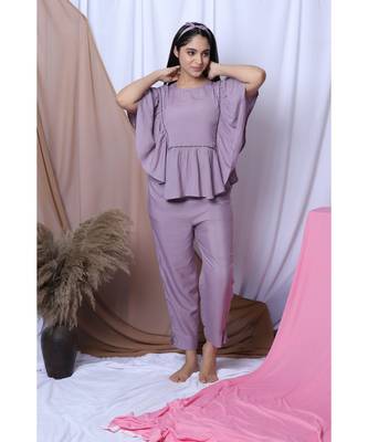 Lilac Solid Loungewear Set With Hairband 1