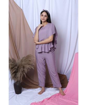 Lilac Solid Loungewear Set With Hairband 2