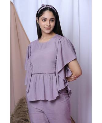Lilac Solid Loungewear Set With Hairband 3