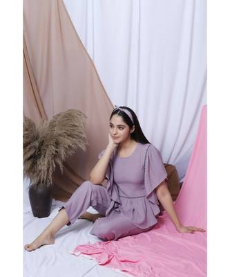 Lilac Solid Loungewear Set With Hairband 4
