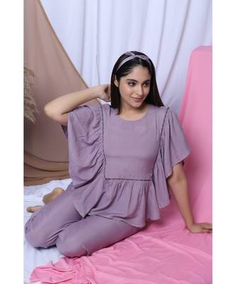 Lilac Solid Loungewear Set With Hairband 5