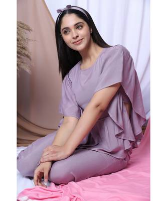 Lilac Solid Loungewear Set With Hairband 6