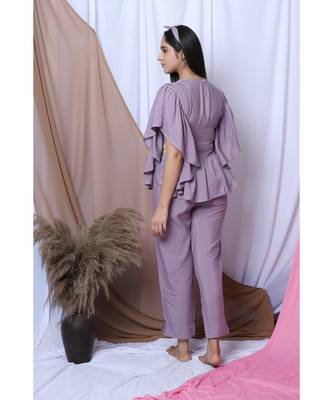 Lilac Solid Loungewear Set With Hairband 7