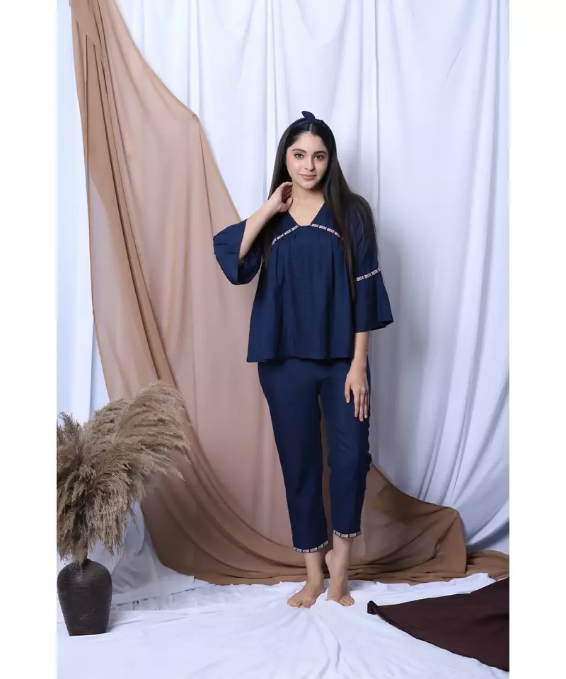 NAVY SOLID LOUNGEWEAR SET WITH HAIRBAND