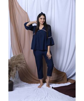 Navy Solid Loungewear Set With Hairband 2