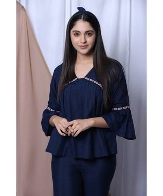 Navy Solid Loungewear Set With Hairband 3