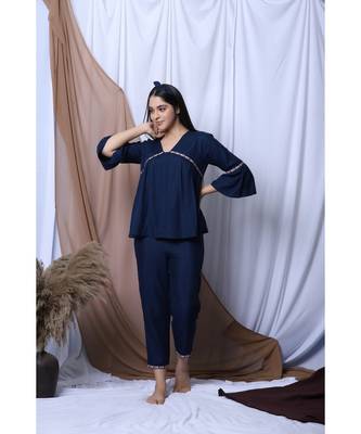 Navy Solid Loungewear Set With Hairband 4