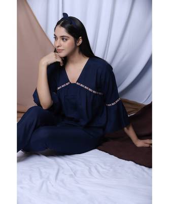Navy Solid Loungewear Set With Hairband 5