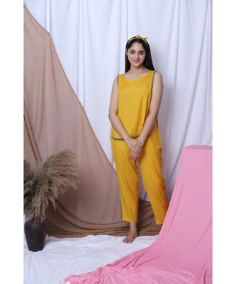Yellow Solid Loungewear Set With Hairband 1