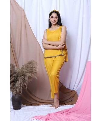 Yellow Solid Loungewear Set With Hairband 2