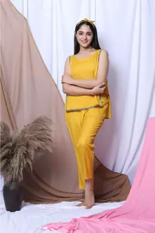 Yellow Solid Loungewear Set With Hairband
