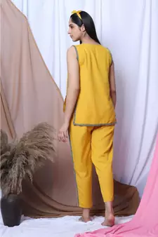 Yellow Solid Loungewear Set With Hairband