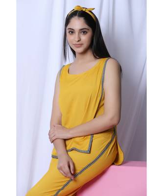 Yellow Solid Loungewear Set With Hairband 4