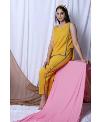 Yellow Solid Loungewear Set With Hairband 5