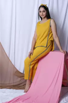 Yellow Solid Loungewear Set With Hairband