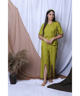 Lime Green Solid Loungewear Set With Hairband 1