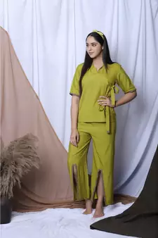 Lime Green Solid Loungewear Set With Hairband