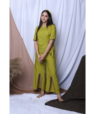 Lime Green Solid Loungewear Set With Hairband 3