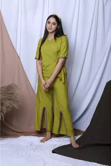 Lime Green Solid Loungewear Set With Hairband