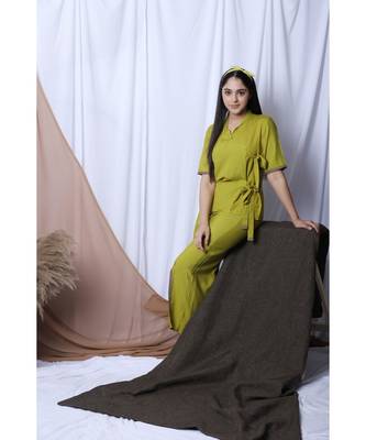 Lime Green Solid Loungewear Set With Hairband 4