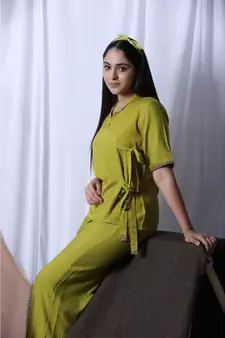 Lime Green Solid Loungewear Set With Hairband