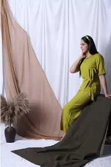 Lime Green Solid Loungewear Set With Hairband