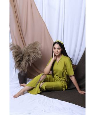 Lime Green Solid Loungewear Set With Hairband 7