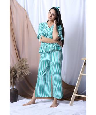 Green Stripe Printed Loungewear Set With Hairband 1