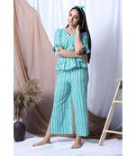 Green Stripe Printed Loungewear Set With Hairband