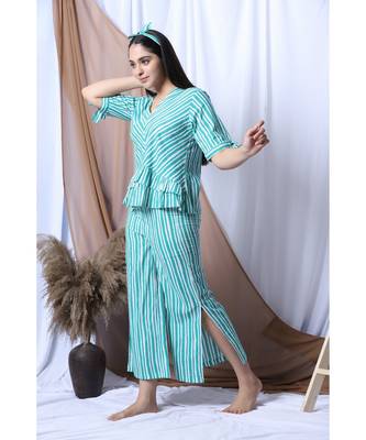 Green Stripe Printed Loungewear Set With Hairband 2