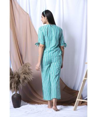 Green Stripe Printed Loungewear Set With Hairband 3