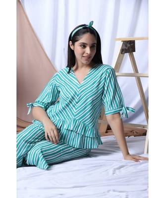 Green Stripe Printed Loungewear Set With Hairband 4