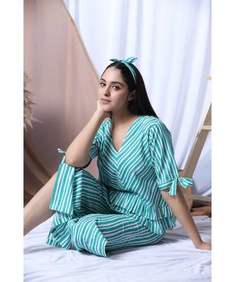 Green Stripe Printed Loungewear Set With Hairband 5