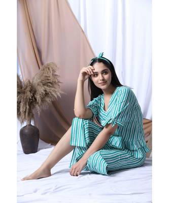 Green Stripe Printed Loungewear Set With Hairband 6