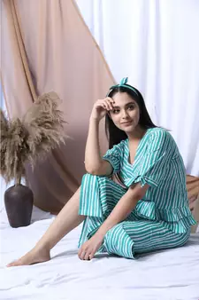 Green Stripe Printed Loungewear Set With Hairband