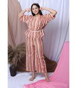 Pink Stripe Printed Loungewear Set With Hairband