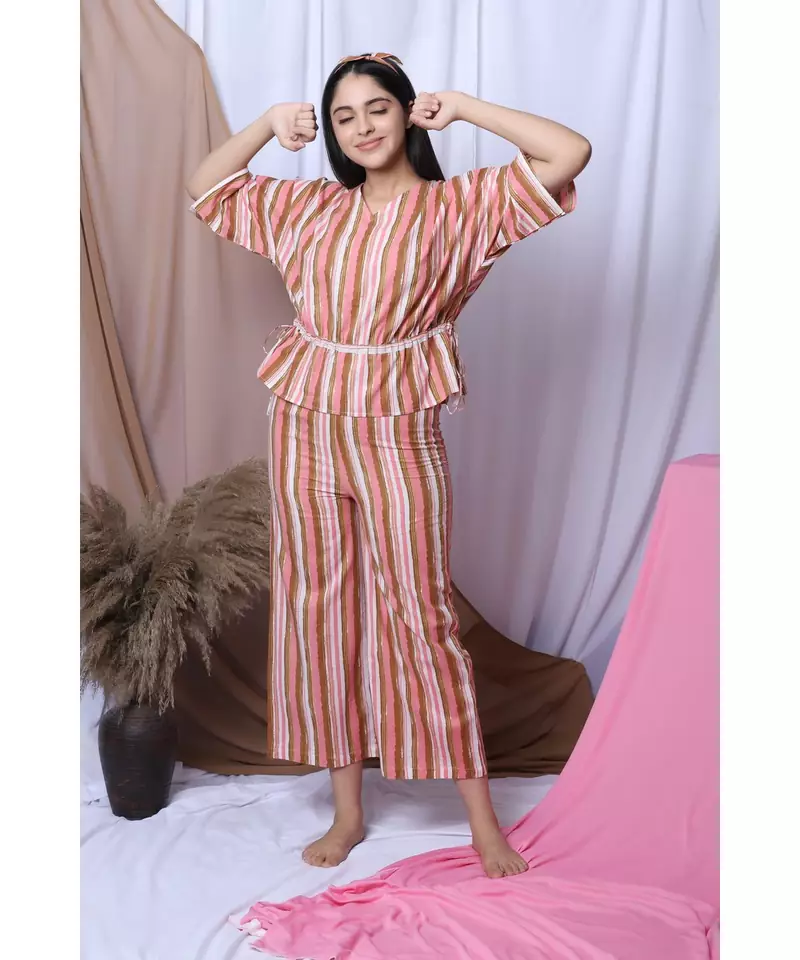 PINK STRIPE PRINTED LOUNGEWEAR SET WITH HAIRBAND