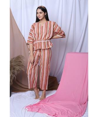 Pink Stripe Printed Loungewear Set With Hairband 2