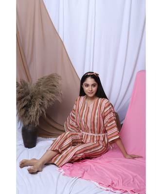 Pink Stripe Printed Loungewear Set With Hairband 3