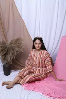 Pink Stripe Printed Loungewear Set With Hairband